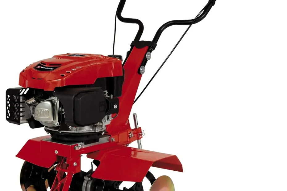 Motobineuse thermique Einhell GC-MT 2560 LD rouge, moteur 4 temps, roue de guidage avant et disques latéraux, sur fond blanc