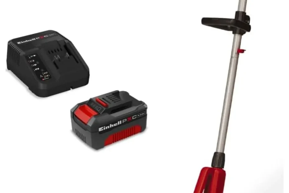 Bineuse sans fil Einhell GE-CR 18/20 Li rouge avec sa batterie Power X-Change de 4,0 Ah et son chargeur, sur fond blanc
