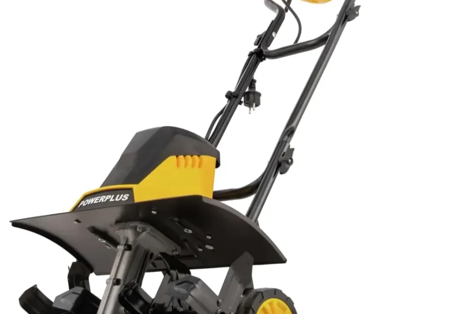 Bineuse électrique Powerplus POWXG72010 jaune et noire, six fraises, roues jaunes et guidon gainé, sur fond blanc