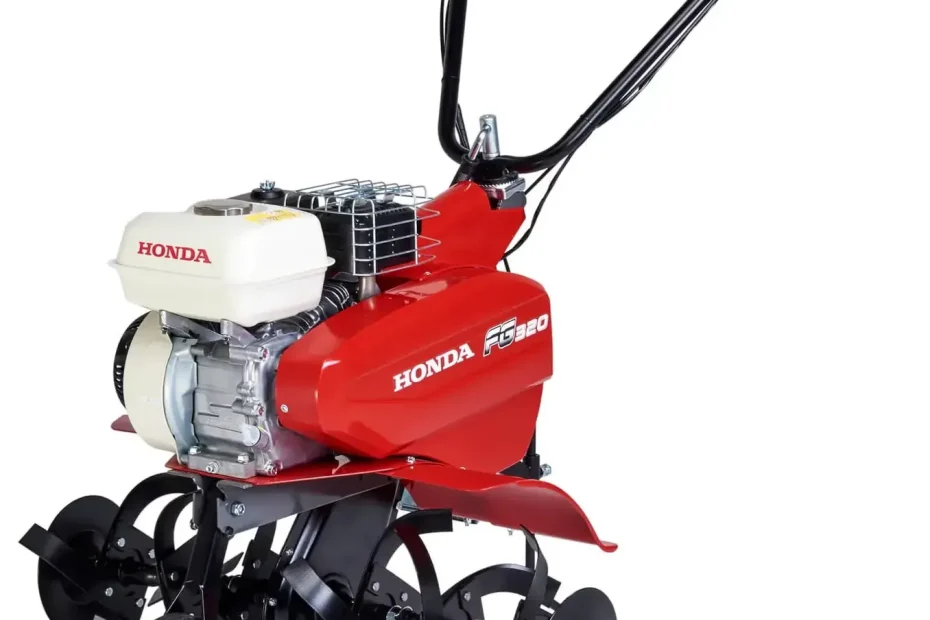 Motobineuse thermique Honda FG 320 rouge et blanche, moteur GP160, fraises et roue avant, sur fond blanc