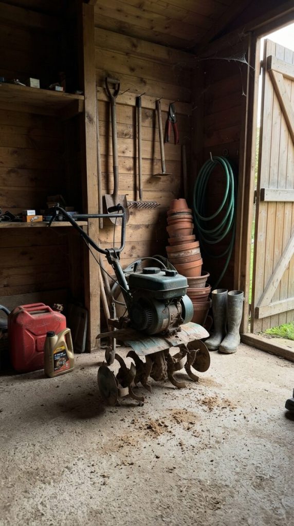 Motobineuse thermique rangée dans un abri de jardin en bois, à côté d'un jerrican d'essence, d'un bidon d'huile et des outils