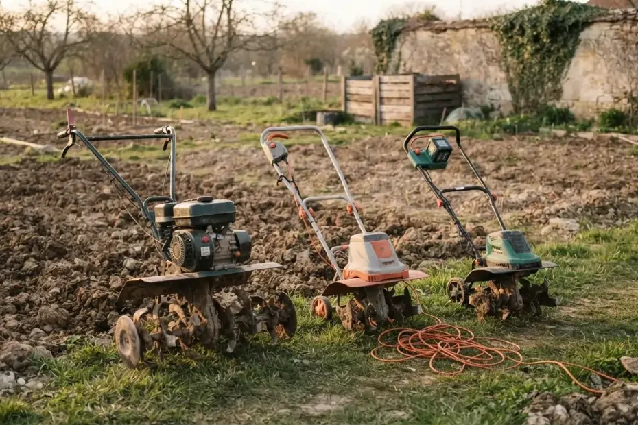 Trois motobineuses, thermique, électrique et à batterie, au bord d'un potager fraîchement travaillé