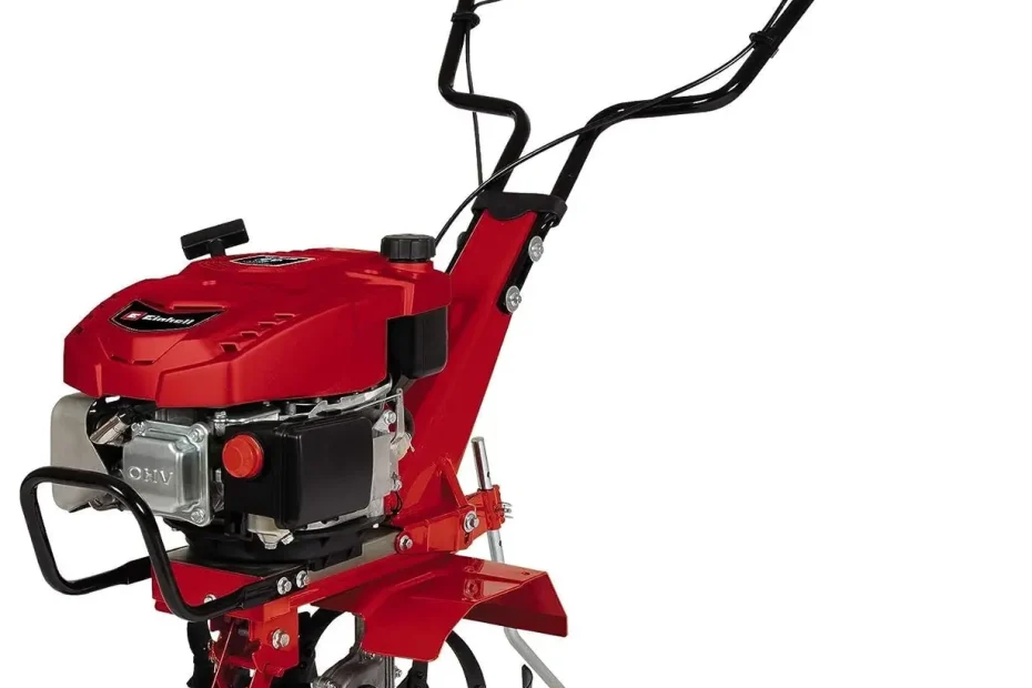 Motobineuse thermique Einhell GC-MT 2236 rouge, moteur 140 cm³, arceau avant, quatre fraises et roue pivotante, sur fond blanc