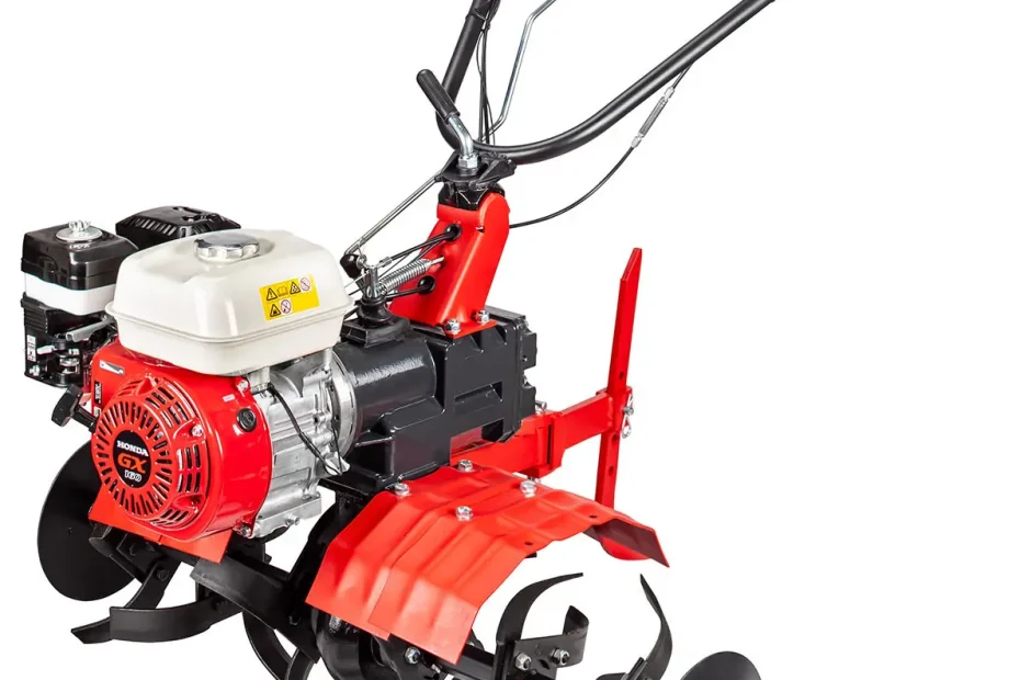 Motobineuse Eurosystems Euro 102 rouge à moteur Honda GX160, six étoiles de fraises, disques protège-plantes et éperon, sur fond blanc