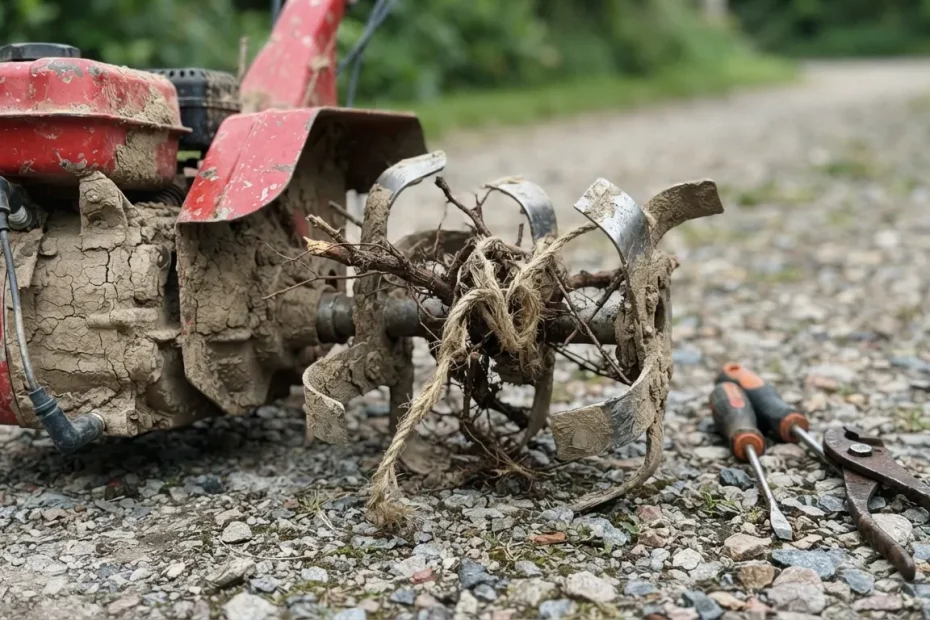Fraises d'une motobineuse bloquées par une racine de ronce et de la ficelle, machine couchée sur une allée de gravier