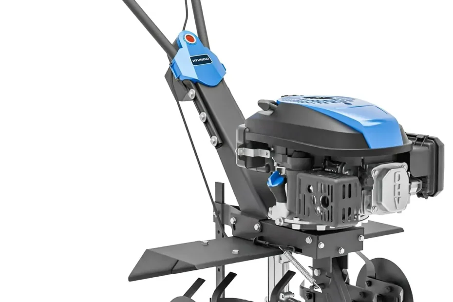 Motobineuse thermique Hyundai HYT175EX bleue et grise, moteur OHV 173 cm³, fraises avec disques et roue avant, sur fond blanc