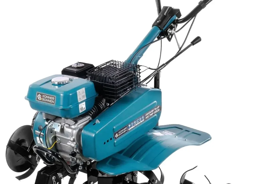 Motobineuse thermique Könner & Söhnen KS 7HP-950A turquoise, moteur 212 cm³, lames forgées, disques et roues de transport, sur fond blanc
