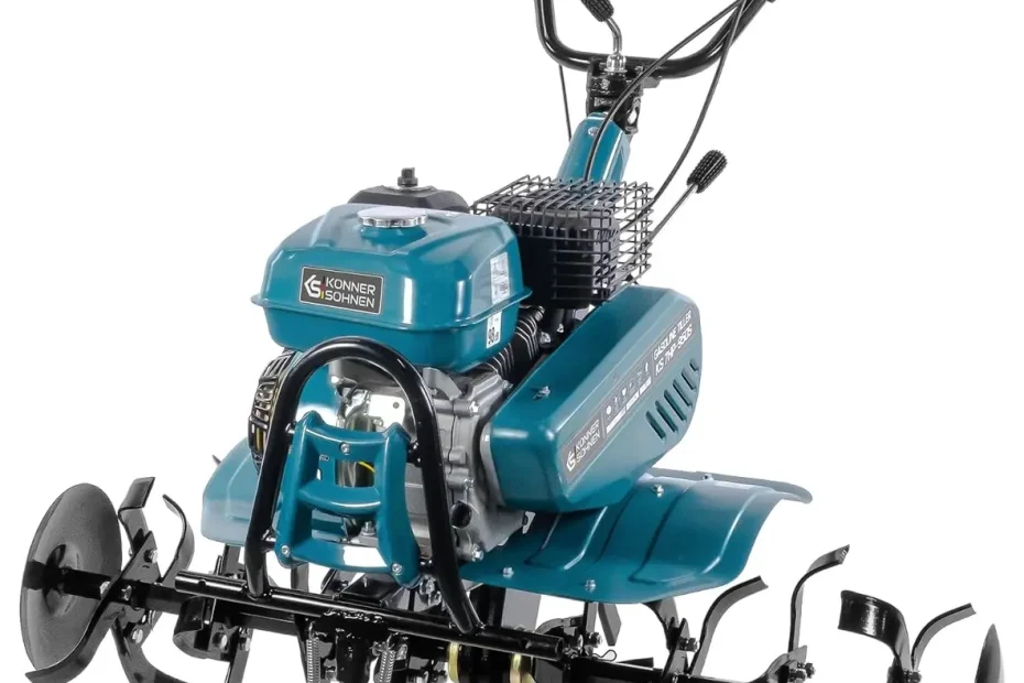 Motobineuse thermique Könner & Söhnen KS 7HP-950S turquoise, moteur 212 cm³, lames forgées sur toute la largeur, disques et béquille, sur fond blanc