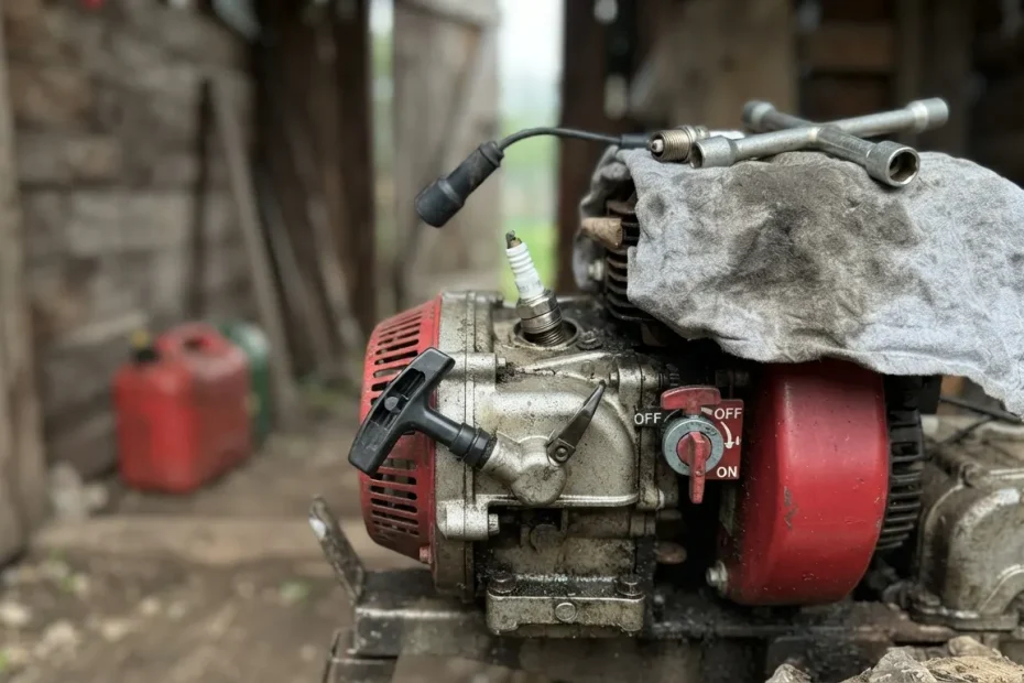 Moteur de motobineuse en gros plan dans un abri, capuchon de bougie débranché, clé à bougie sur un chiffon et jerrican au fond
