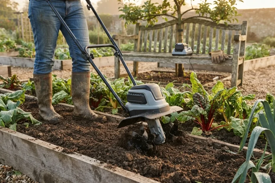 Motobineuse sans fil à batterie qui travaille un carré potager surélevé