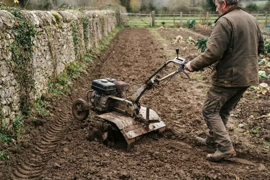 Grosse motobineuse thermique à marche arrière en bout de rang, le long d'un muret de pierre