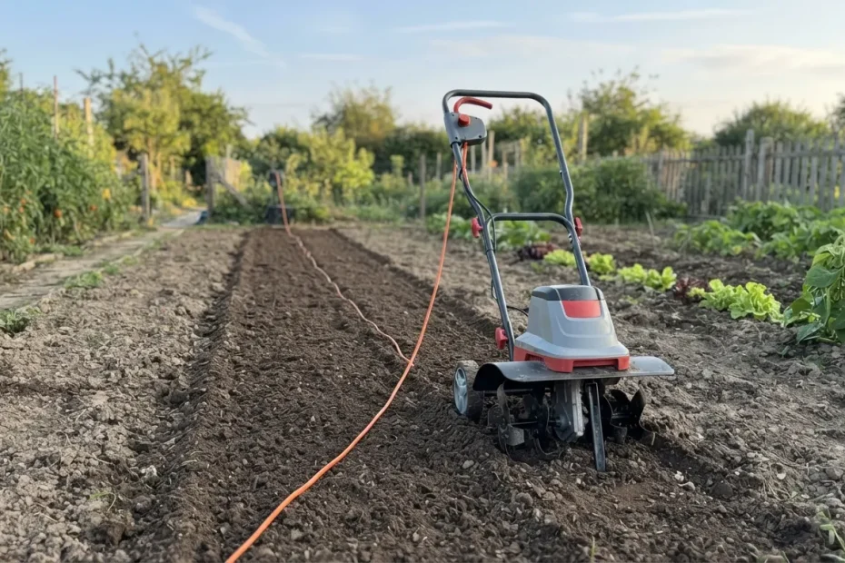 Motobineuse électrique arrêtée au milieu d'un rang de potager, câble de rallonge orange derrière elle sur la terre ameublie