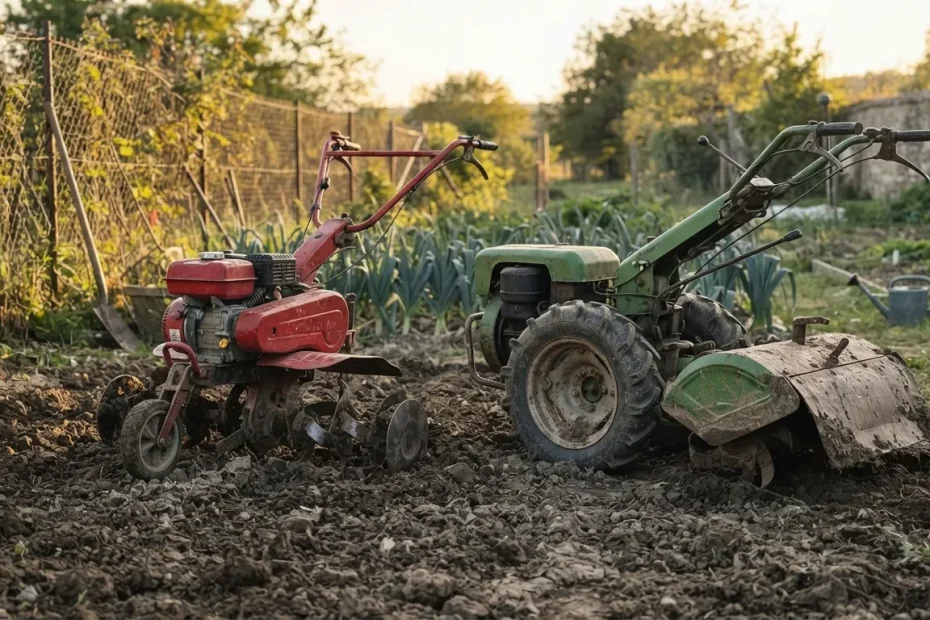 Une motobineuse rouge et un motoculteur vert à fraise arrière garés côte à côte au bord d'un potager fraîchement travaillé
