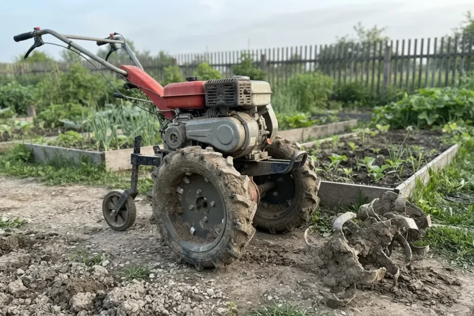 Motobineuse équipée de roues agraires à crampons à la place des fraises, posées au sol à côté, dans une allée de potager