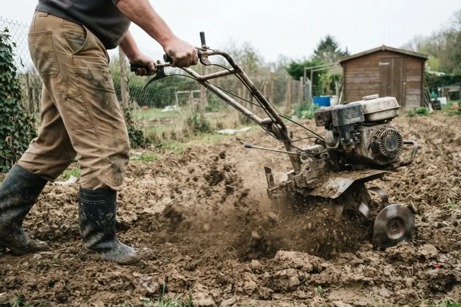 Motobineuse thermique qui brise les mottes d'une terre argileuse au potager
