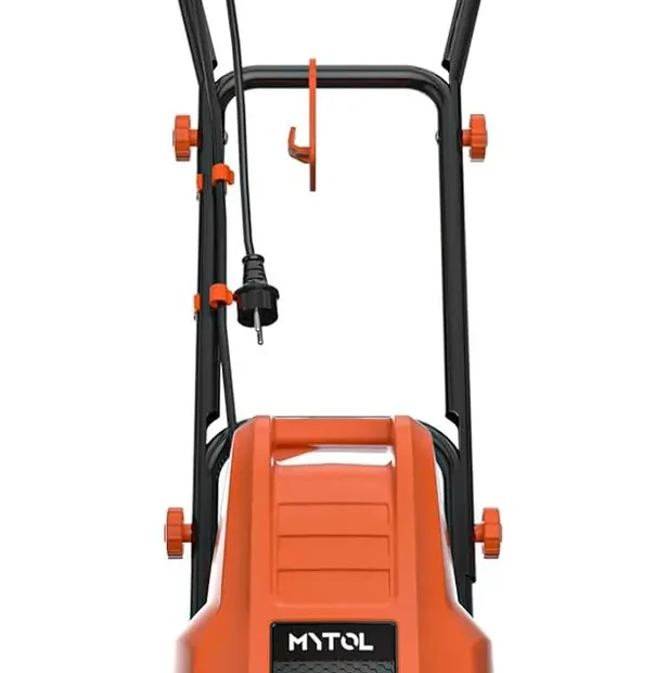 Motobineuse électrique Mytol WR8011 orange et noire vue de face, six fraises et guidon, sur fond blanc