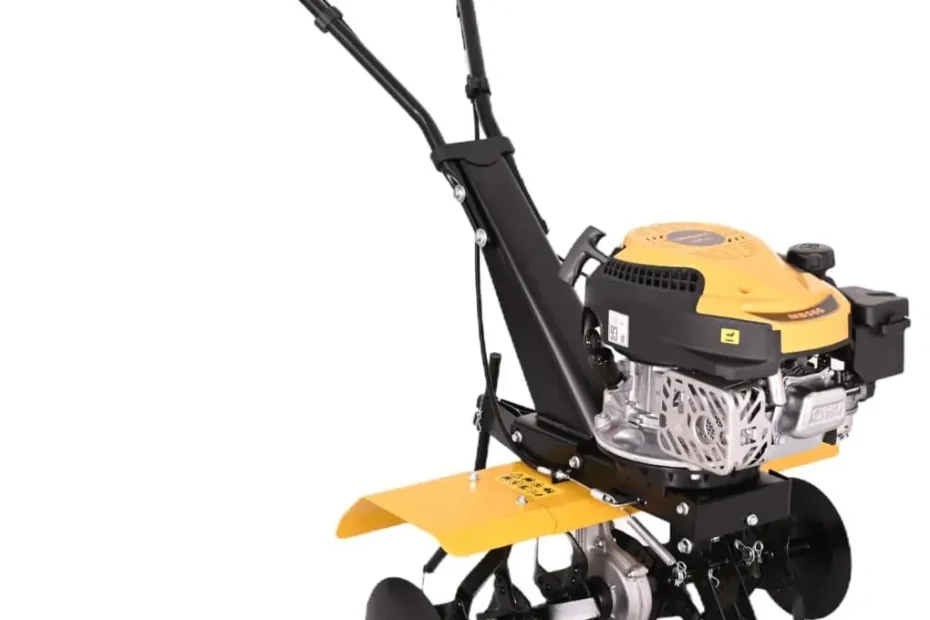 Motobineuse thermique Nemura MB560 jaune et noire, moteur OHV 161 cm³, fraises avec disques et roue avant, sur fond blanc