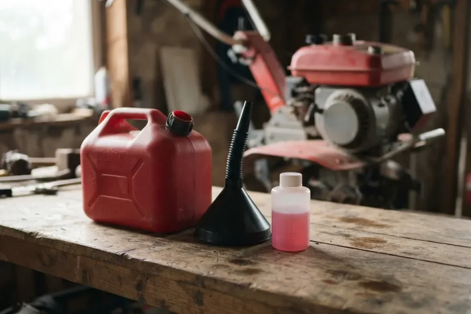 Jerrican d'essence rouge, entonnoir et flacon doseur de mélange 2 temps sur un établi, motobineuse en arrière-plan