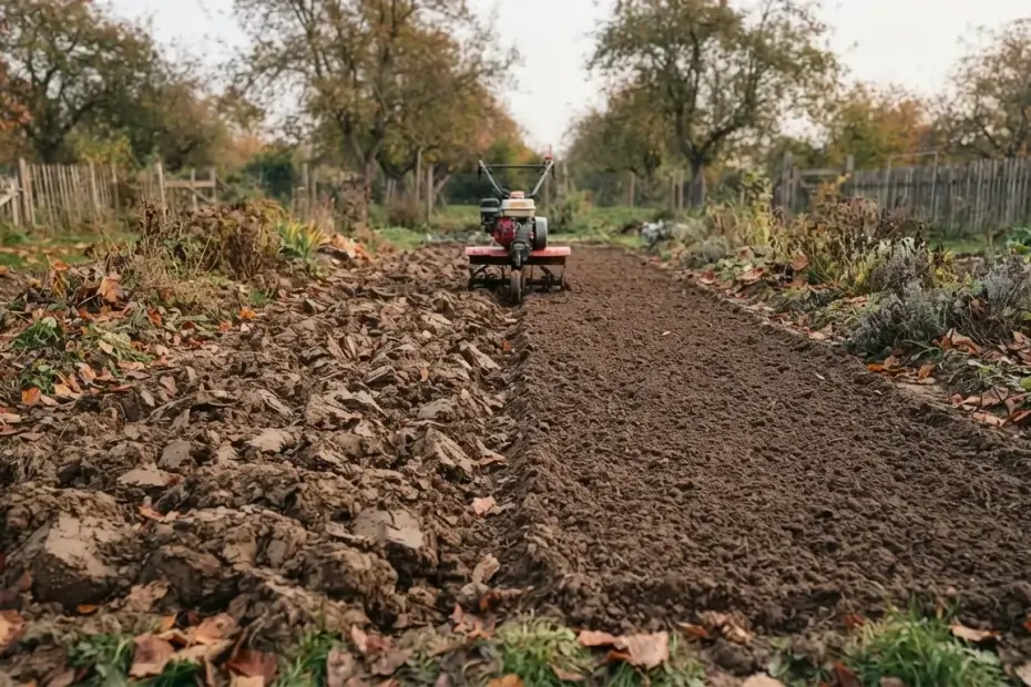Potager d'automne à moitié travaillé : grosses mottes après un premier passage d'un côté, terre fine de l'autre