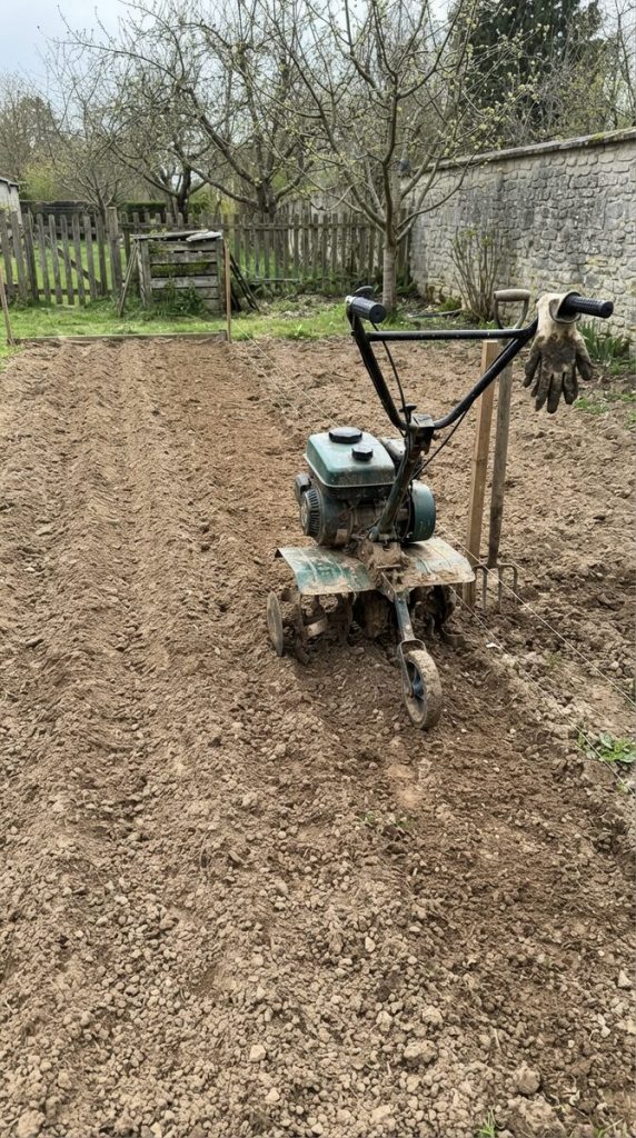 Planche de potager fraîchement travaillée à la motobineuse, la machine garée au bout du rang près d'un cordeau