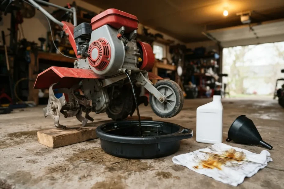 Huile moteur usagée s'écoulant d'une motobineuse calée sur une planche dans un bac de vidange, sur le sol d'un garage